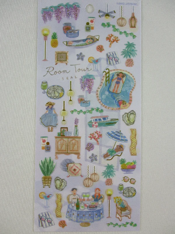 Cute Kawaii Kamio My Room Tour Series Sticker Sheet - Vacation Relax Sunny Day Dinner Swimming Pool Party - for Journal Planner Craft Agenda Organizer Scrapbook