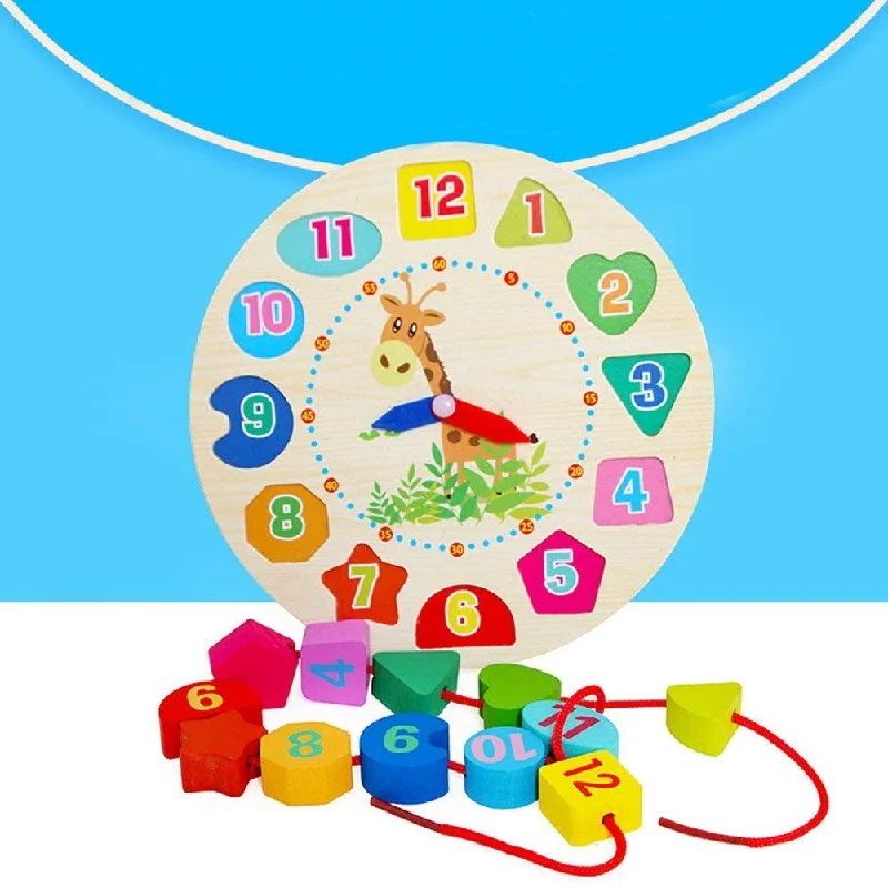 Wooden Learning Clock with Bead Lace , Educational Digital Analog Numbers, Shape & Color Learning Montessori Toy for Kids- Multi Color