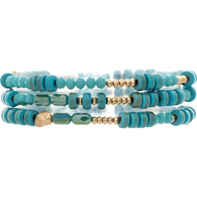 Rain :  Gold Blue Stone Glass Bead 3 Bracelet Set