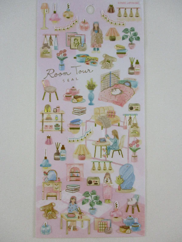 Cute Kawaii Kamio My Room Tour Series Sticker Sheet - Girl Cozy Pink Room Home Bear Cat Reading Flower Plant Dorm Apartment - for Journal Planner Craft Agenda Organizer Scrapbook