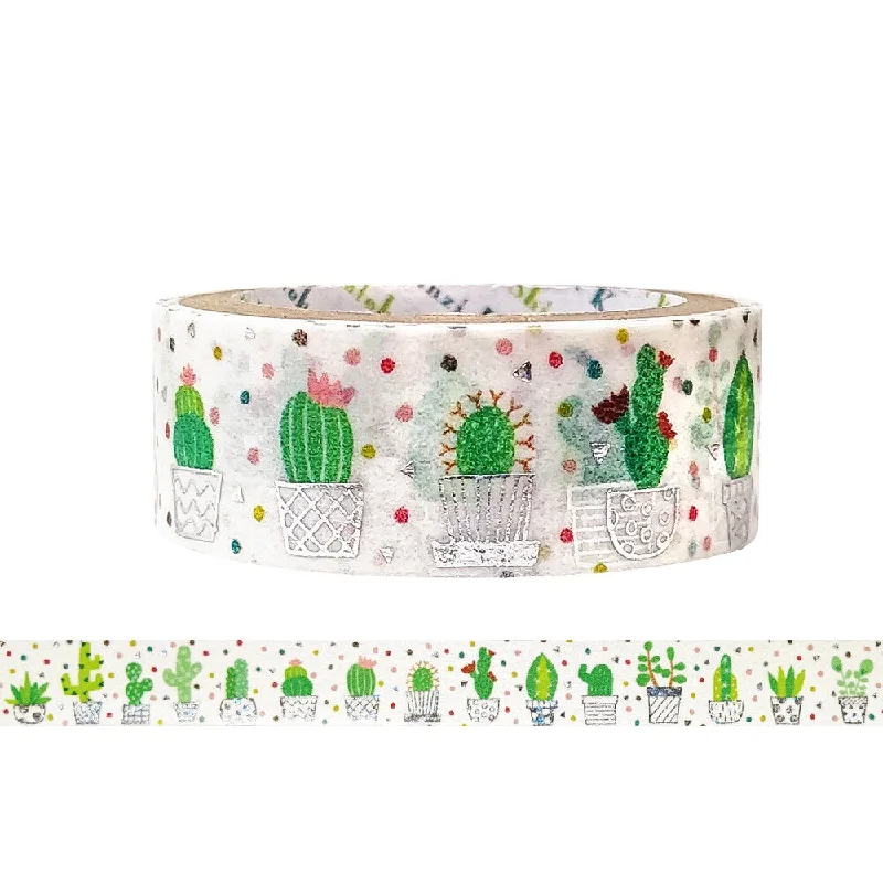 Cute Kawaii Shinzi Katoh Silver Accents Washi / Masking Deco Tape - Cactus ♥ Green Decor Plant - for Scrapbooking Journal Planner Craft