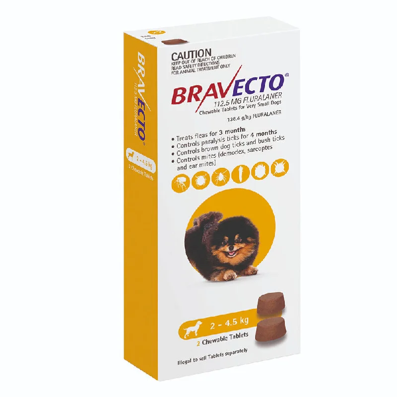 Bravecto Flea and Tick Chews for Extra Small Dogs 2.4kg-5kg Yellow 2 Pack