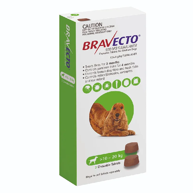 Bravecto Flea and Tick Chews for Medium Dogs 10kg-20kg Green 2 Pack